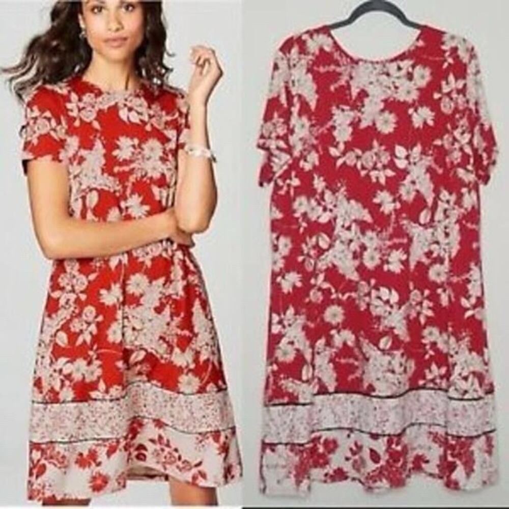 J Jill Floral T Shirt Dress Lounge Loungewear Casual Sz XL Red Stretch A line - Picture 1 of 13